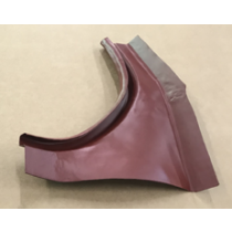 Red metal car part, likely a fender or wheel well section, with curved and angled surfaces.