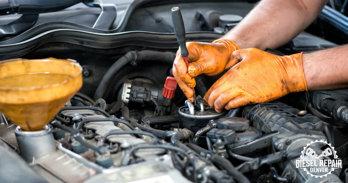 A man is working on the engine of a car at diesel repair denver.