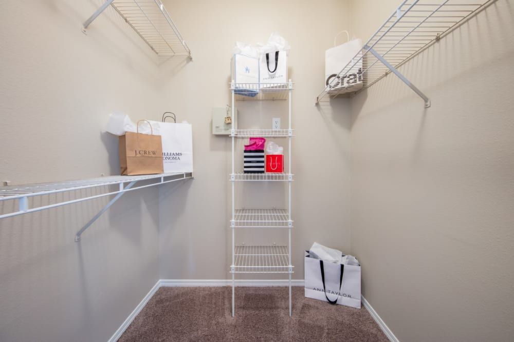 A walk-in closet with a ladder, shelves, and bags at Marquis at Treetops in Northwest Austin, TX.