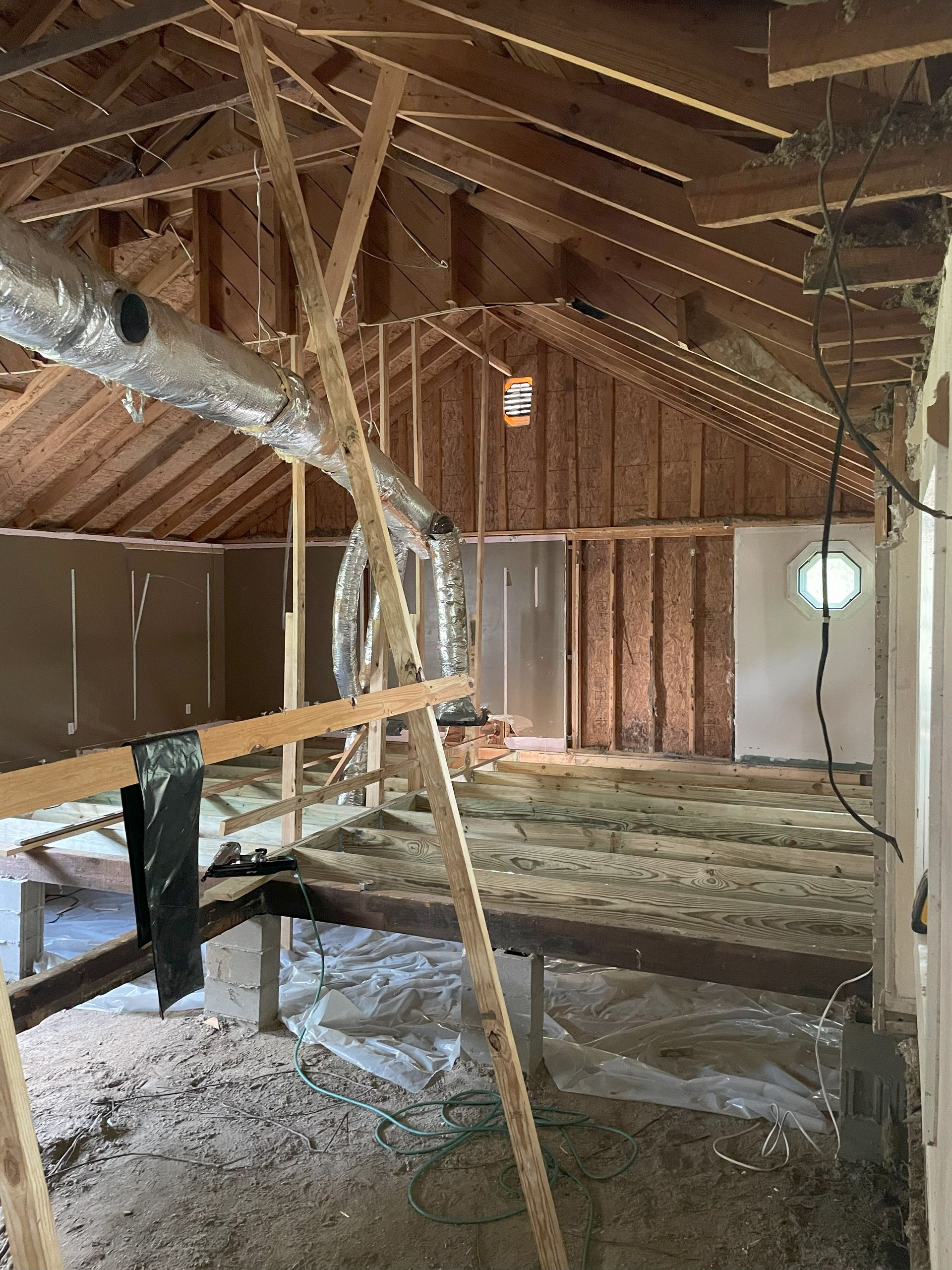 The attic of a house is being remodeled.