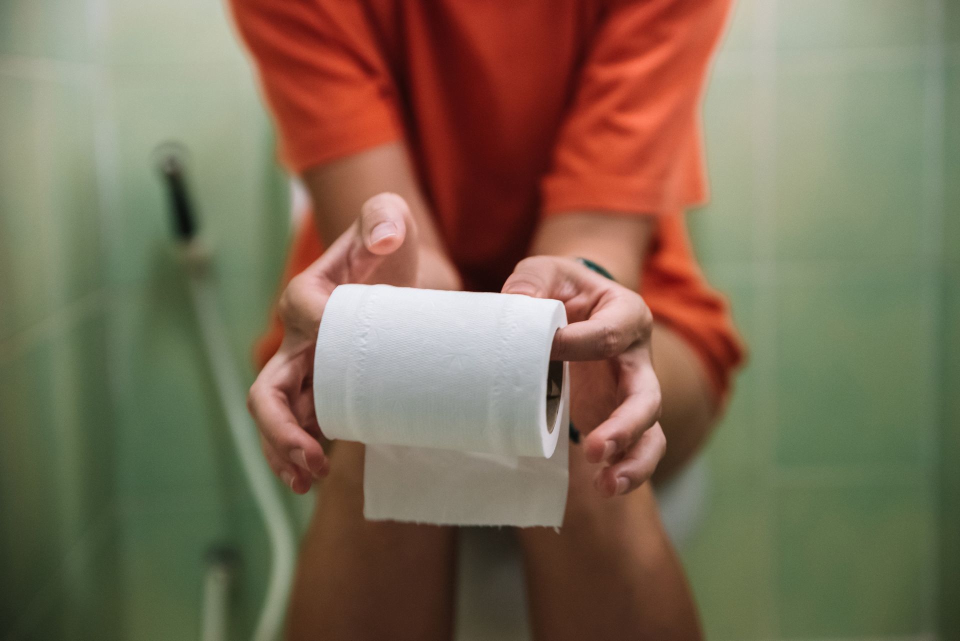 Person seated on toilet holding a roll of white toilet paper in a green bathroom.