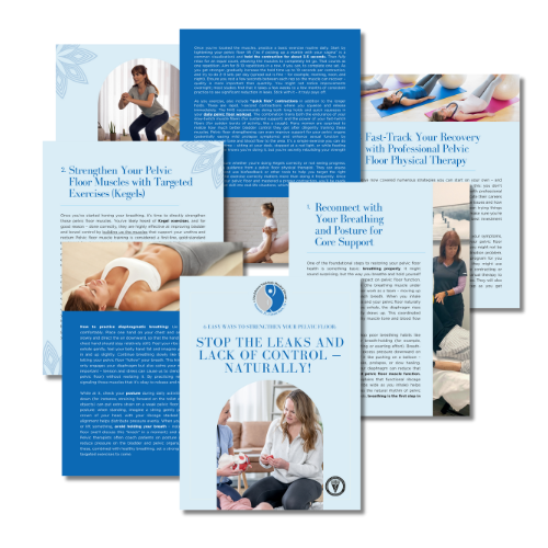Informative brochures about pelvic floor health, featuring photos of exercises and women.