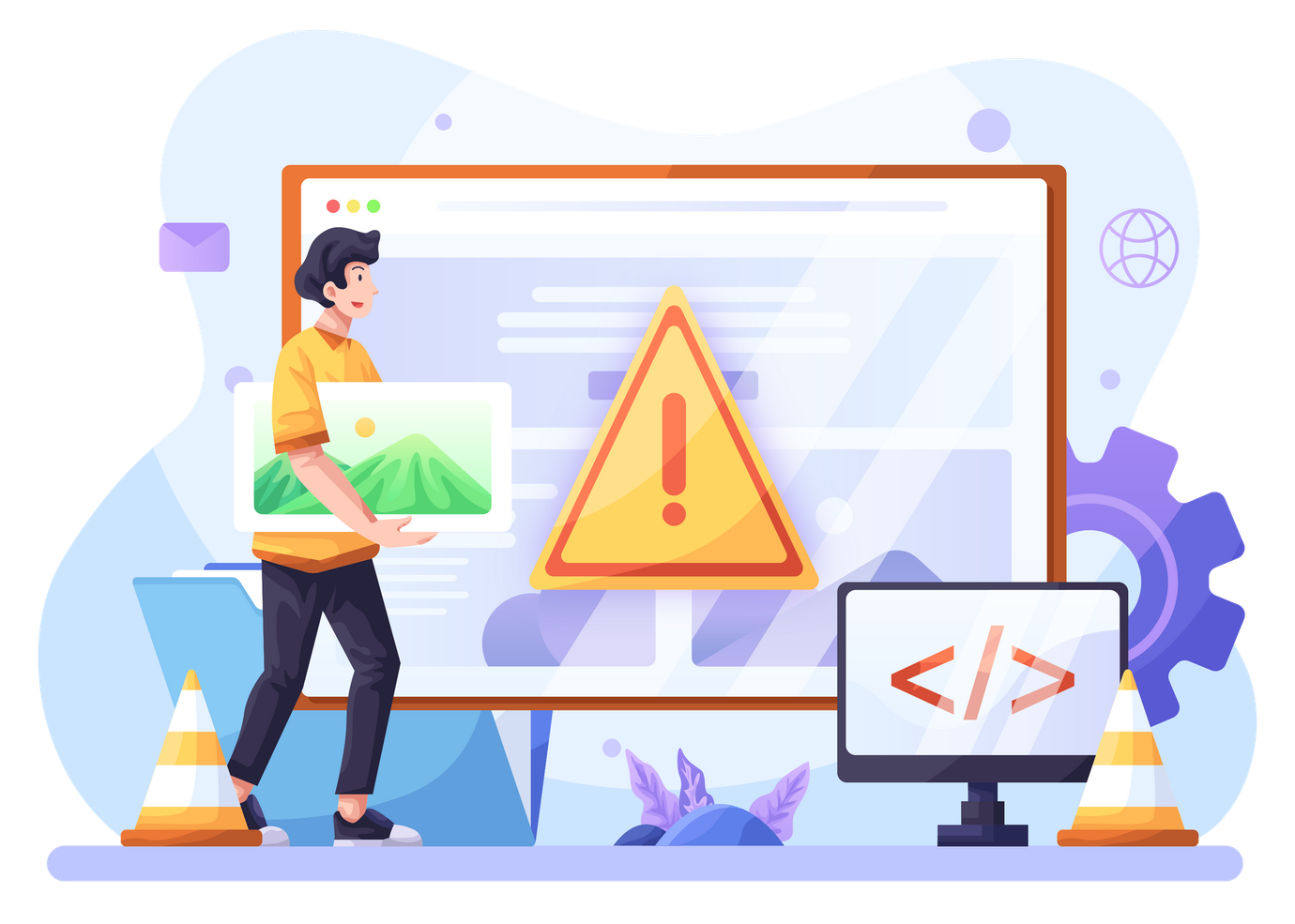 Man holding a picture, warning sign on a computer screen, suggesting a website error or issue.