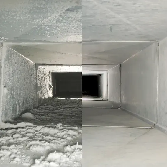 A before and after picture of a duct being cleaned.