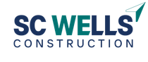 A blue and white logo for sc wells construction