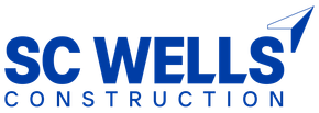 A blue and white logo for sc wells construction