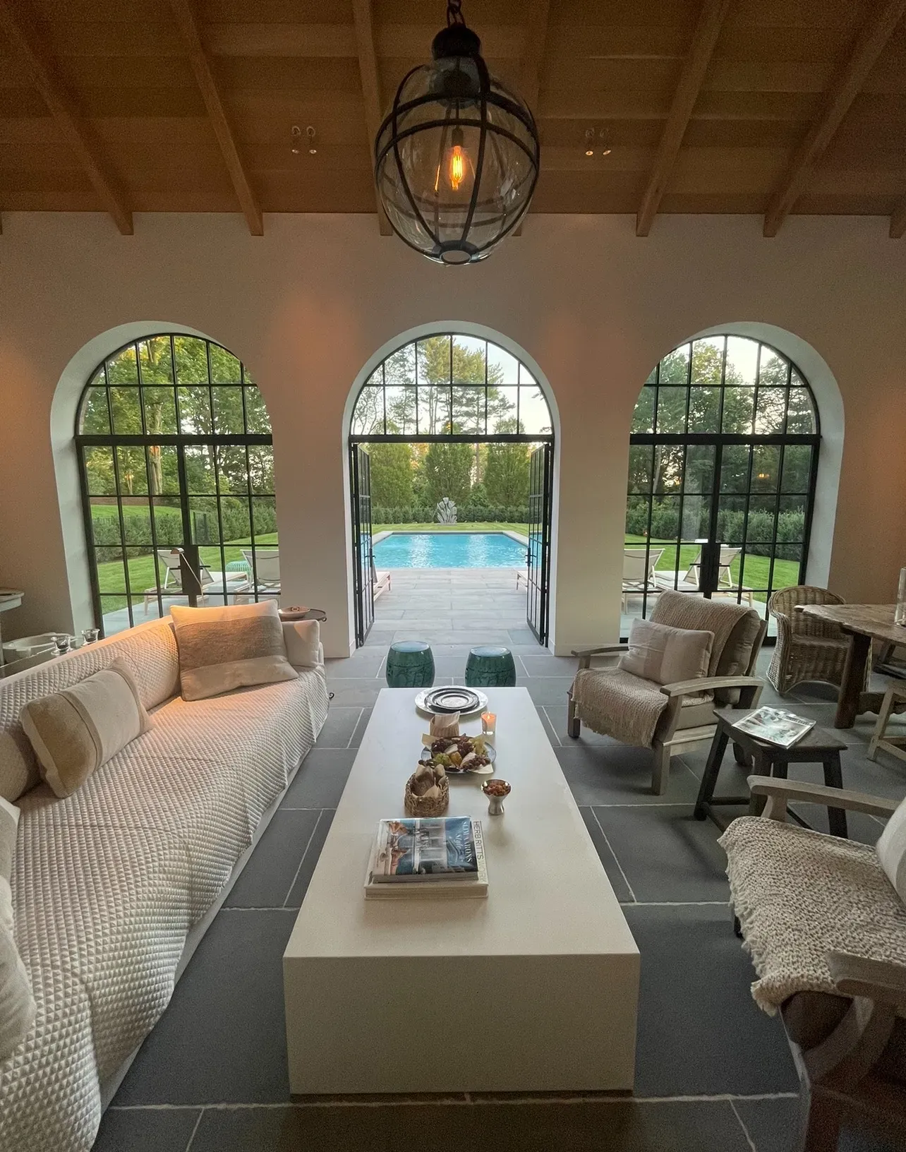 A living room with a couch and a coffee table