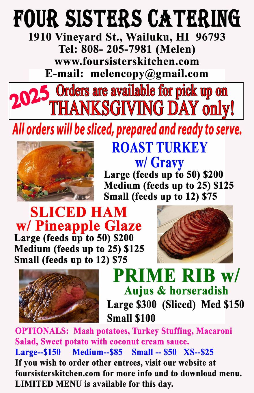 Thanksgiving catering menu: Roast turkey, sliced ham, prime rib. Pickup on Thanksgiving Day.