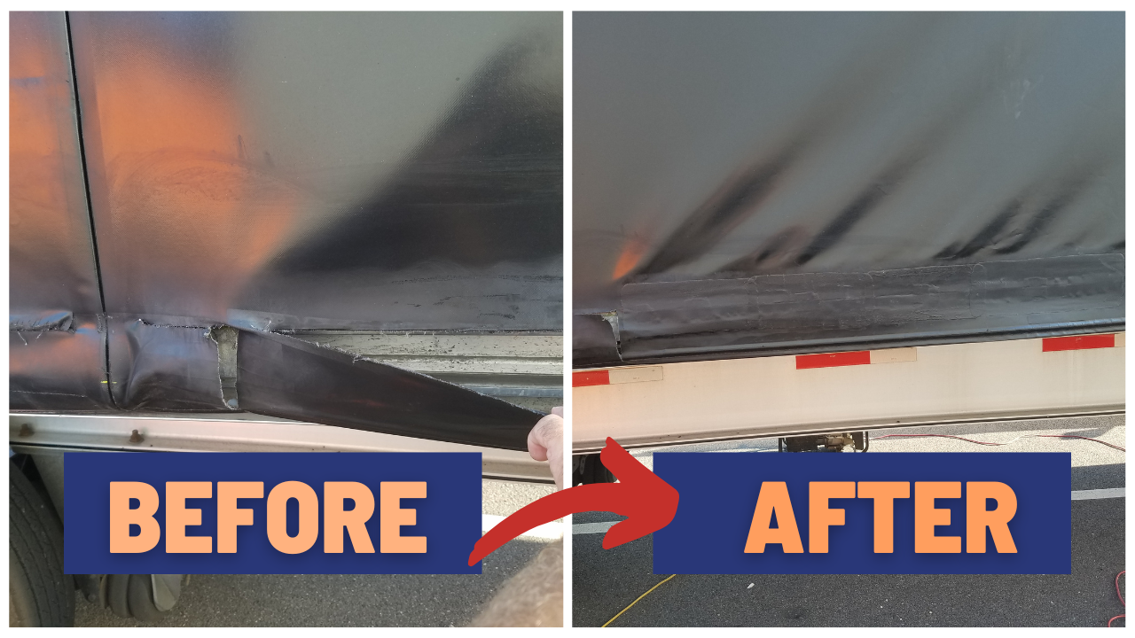 Before and after of a truck tarp repair; black tarp attached to a white truck bed.