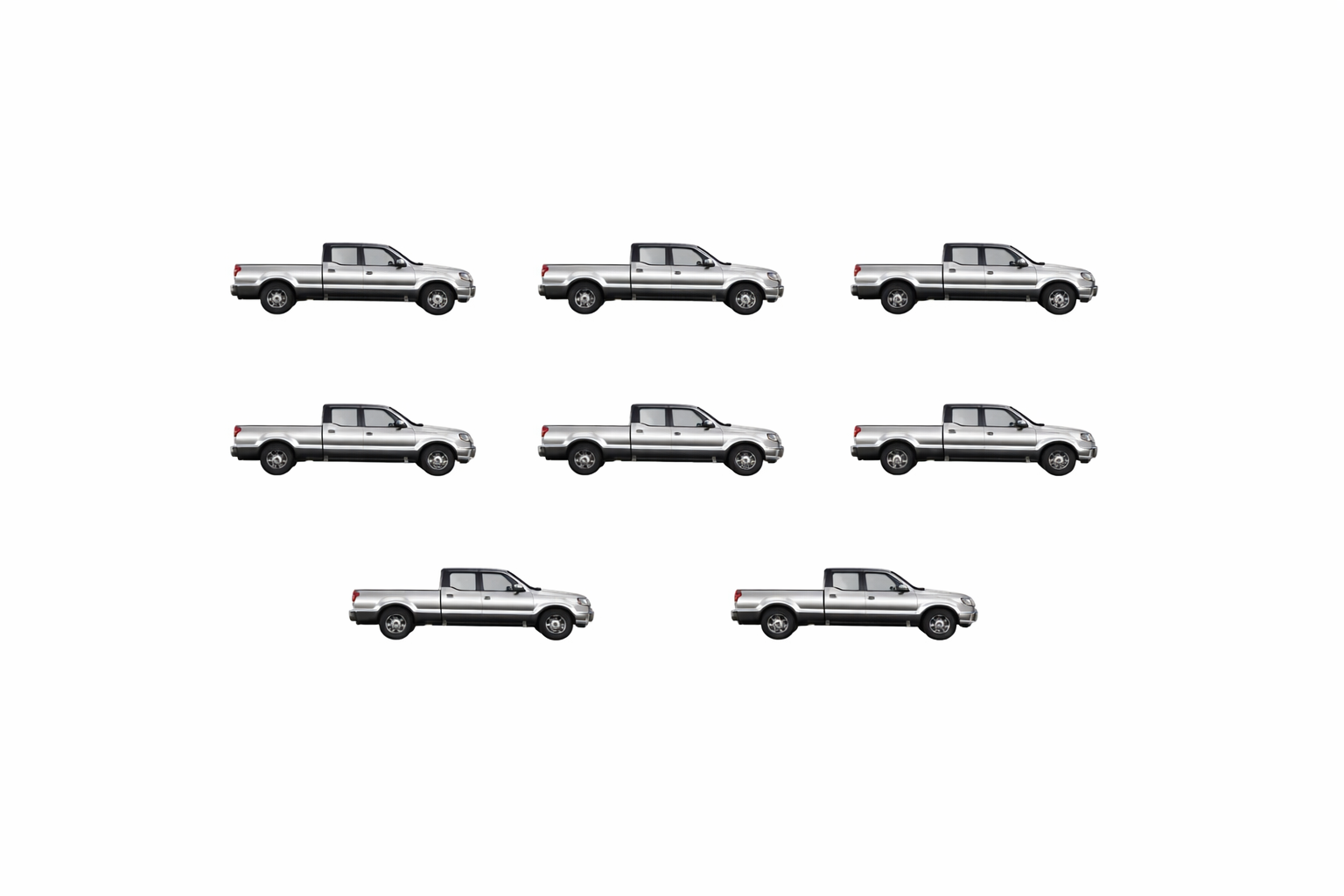 A row of white pickup trucks in different positions on a white background.