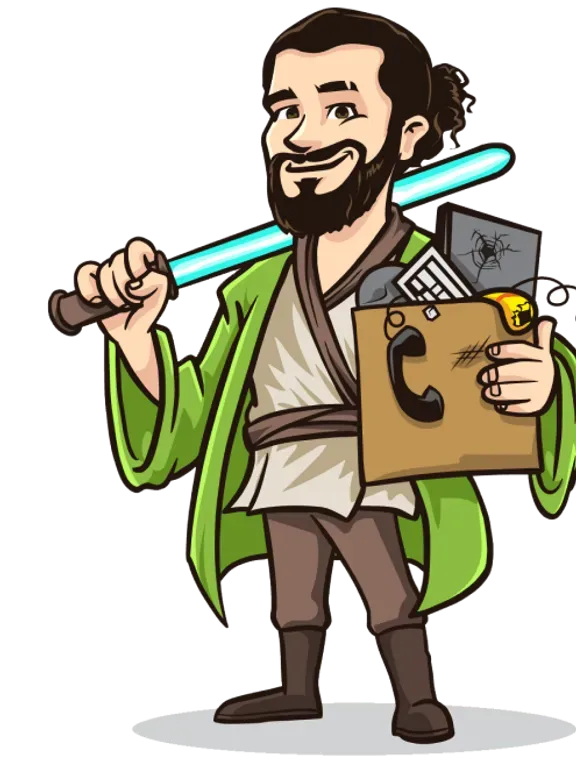 A man with a beard is holding a light saber and a box.