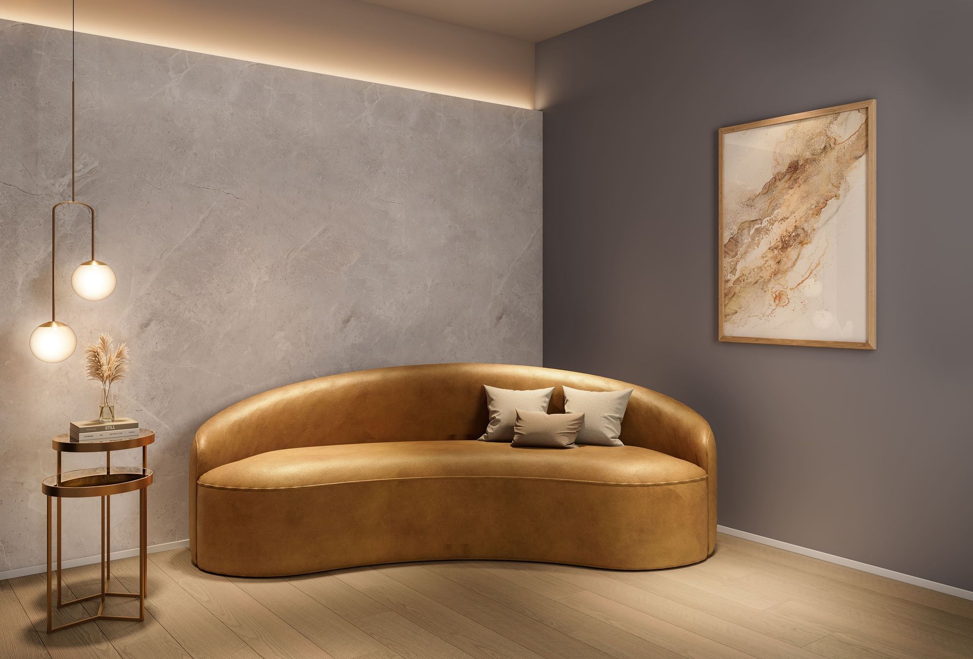 Uma sala de estar moderna com um sofá curvo dourado, obras de arte e uma mesa lateral.