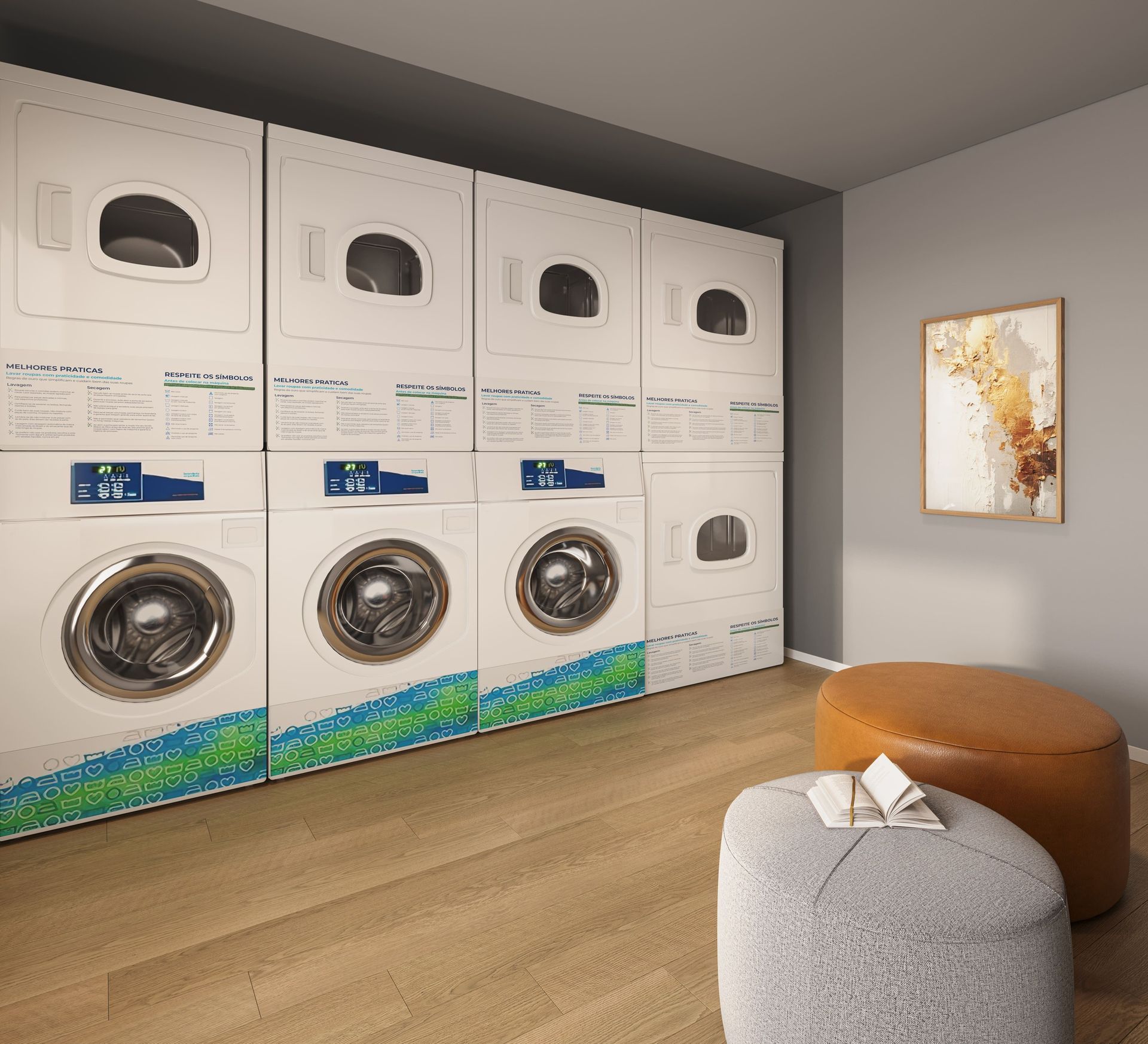 Máquinas de lavar roupa em uma sala com dois pufes e uma obra de arte emoldurada.