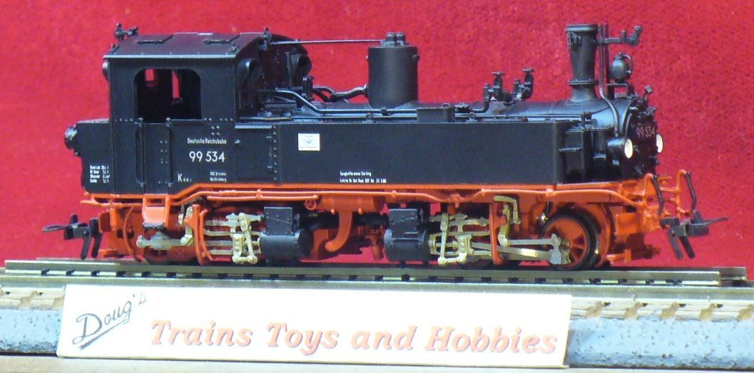 A model train is on display at trains toys and hobbies