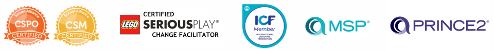 CSPO and CSM Certified, Lego Serious Play Certified, ICF Member, MSP and Prince 2 Certified