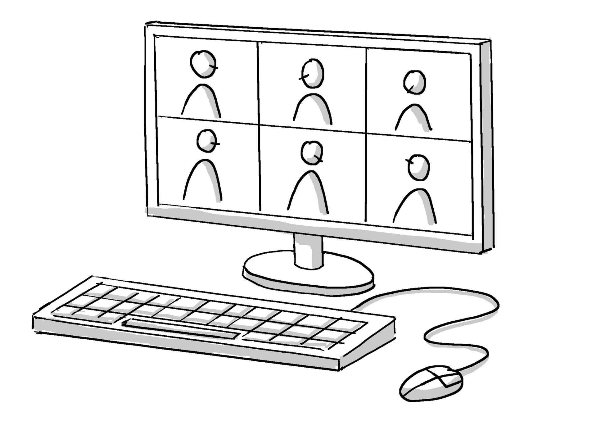 Desktop computer displaying a video call with several people participating in an online meeting