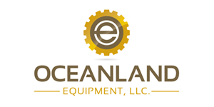 A logo for oceanland equipment llc with a gear in the middle