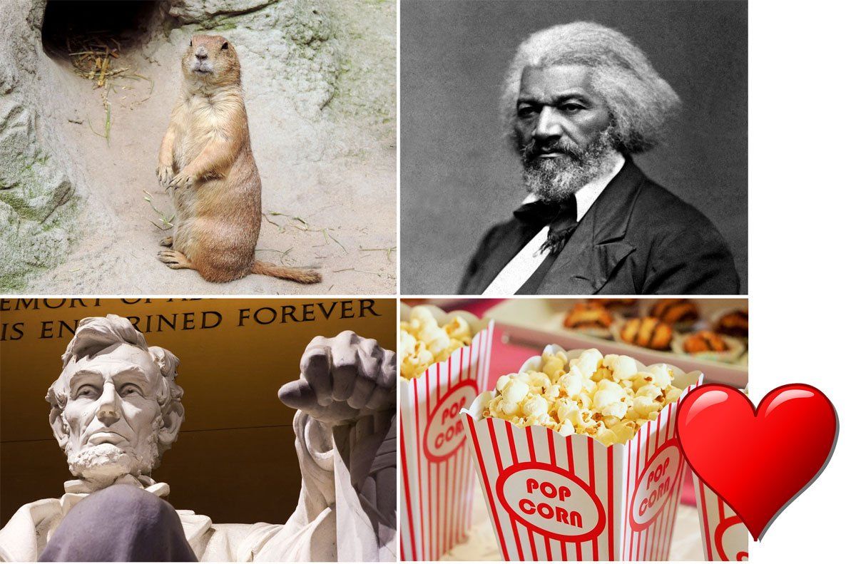 A prairie dog a man a statue of abraham lincoln and popcorn