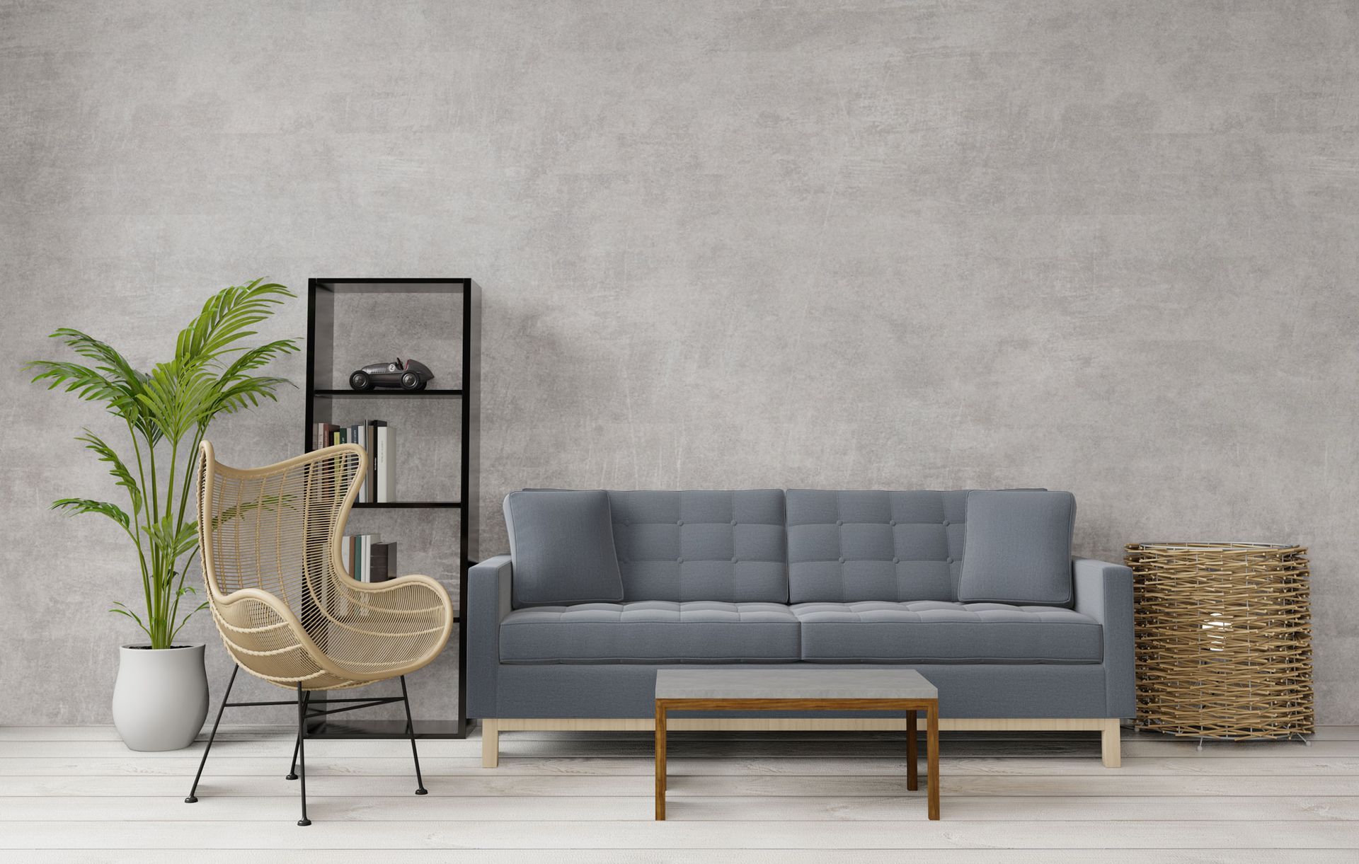 A living room with a couch , chair , table and plant.