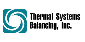 The logo for thermal systems balancing inc. is blue and white