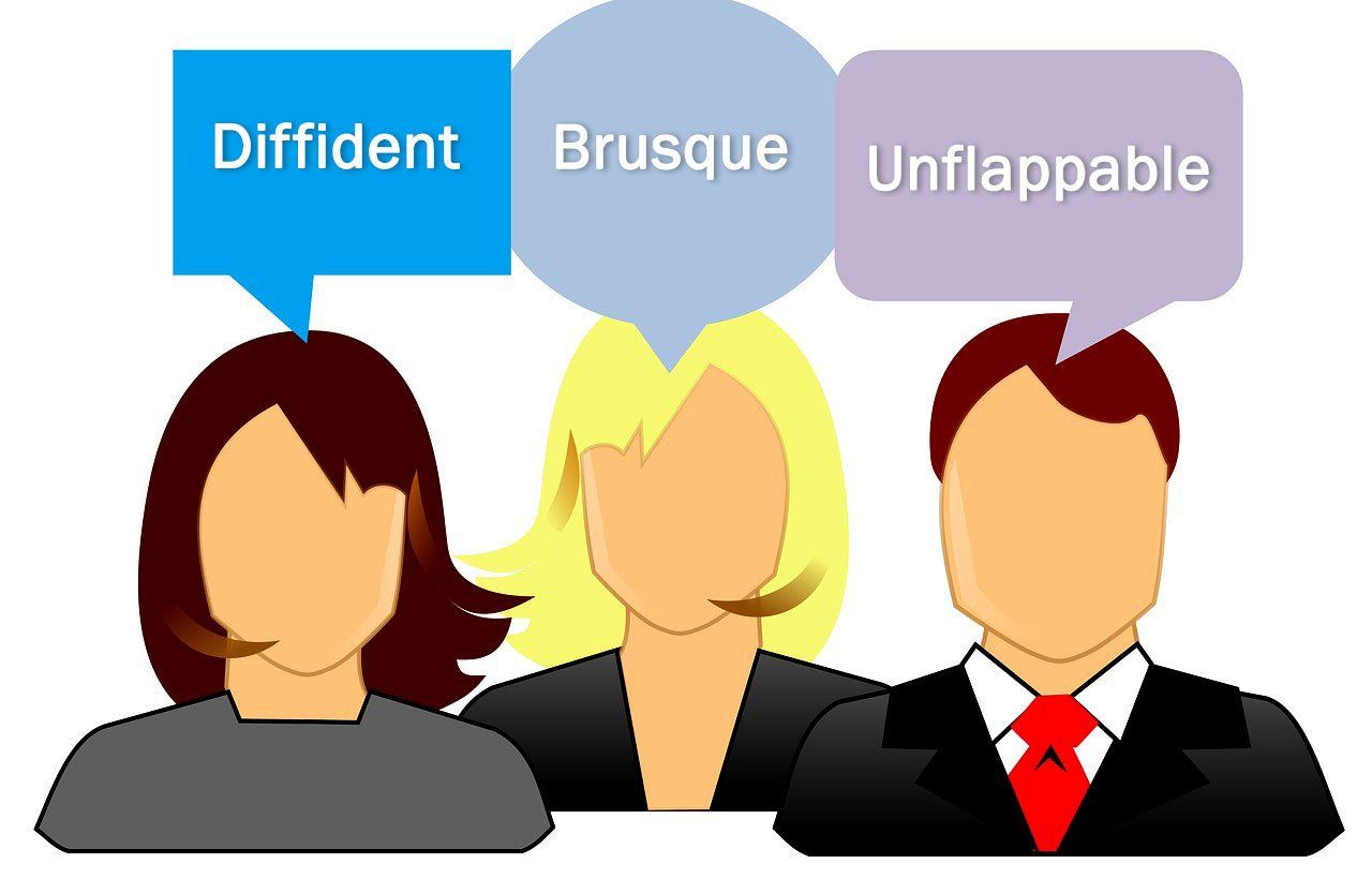 Three people with speech bubbles that say diffident brusque and unflappable