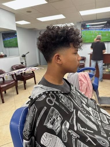 Teen with curly hair, faded sides, wearing a barber's cape, sitting in a barber shop.