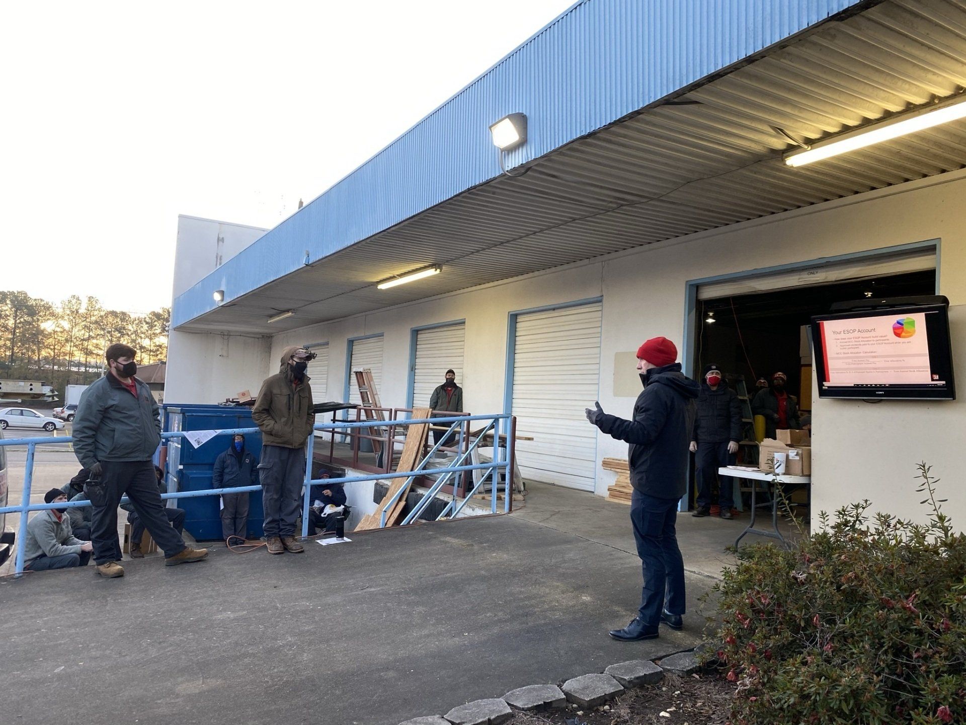 CEO Josh Meeks presenting an ESOP education session to the Birmingham office on a chilly winter load-out day.