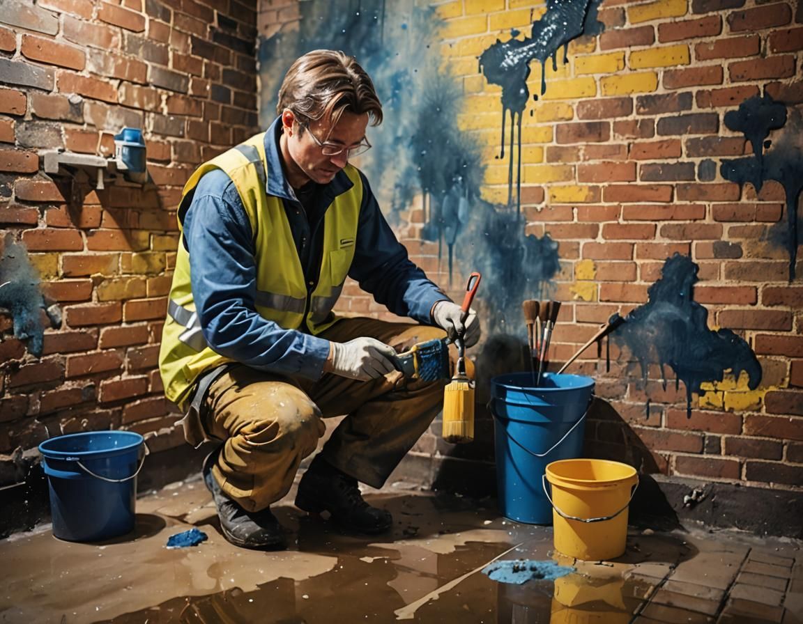 A man is kneeling down in front of a brick wall and painting it.