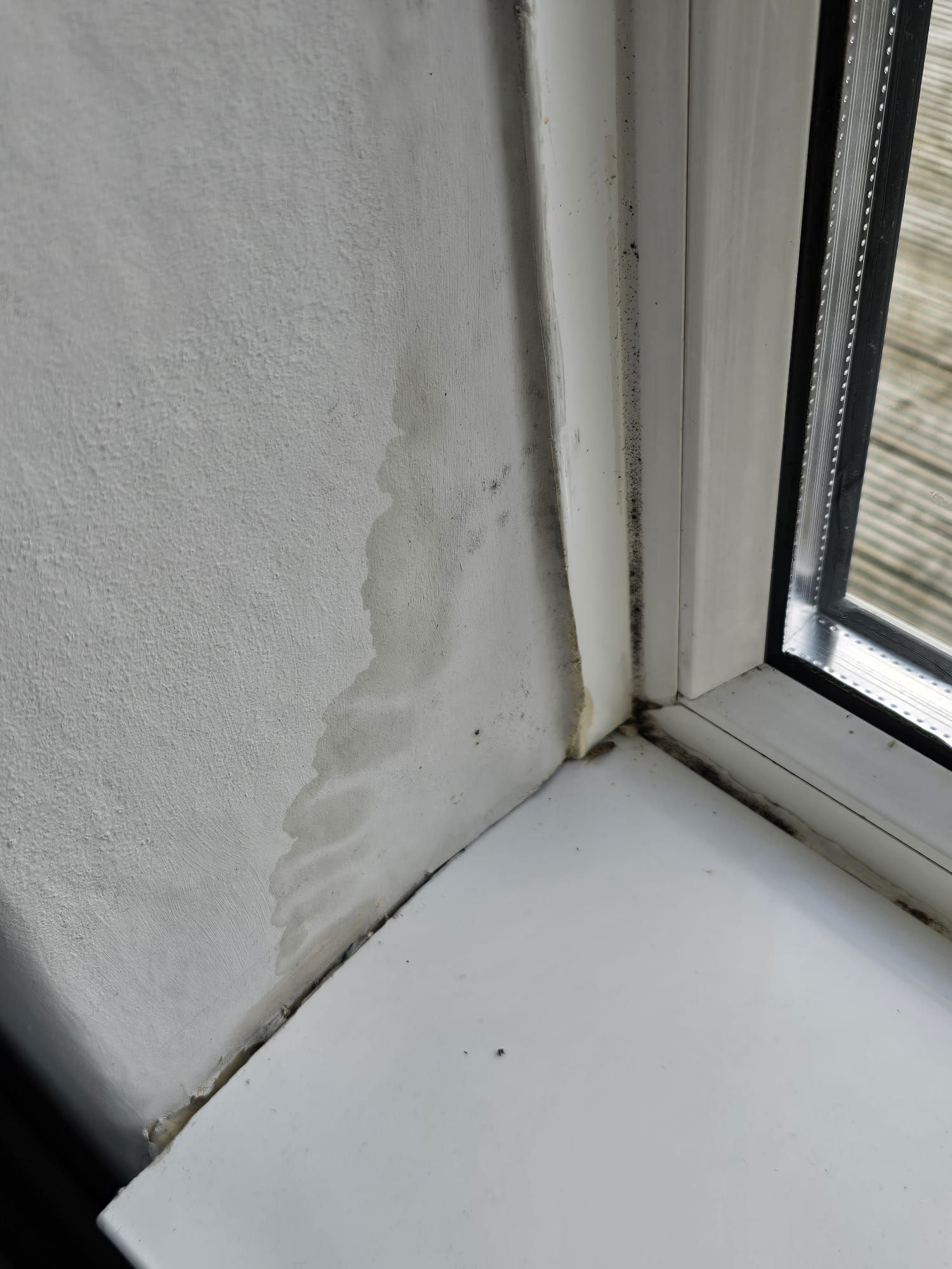 Water stain on a white wall next to a window frame and windowsill.