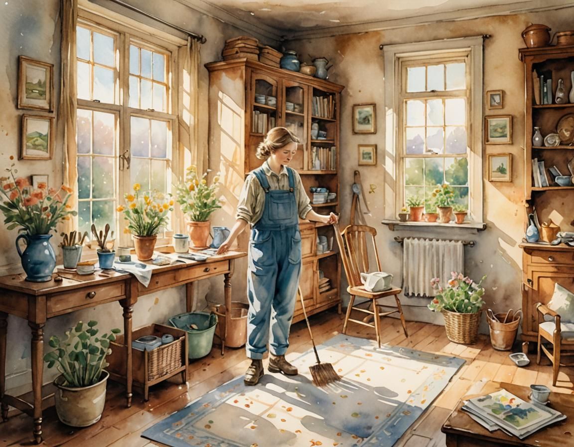 A woman is sweeping the floor in a room with a broom.