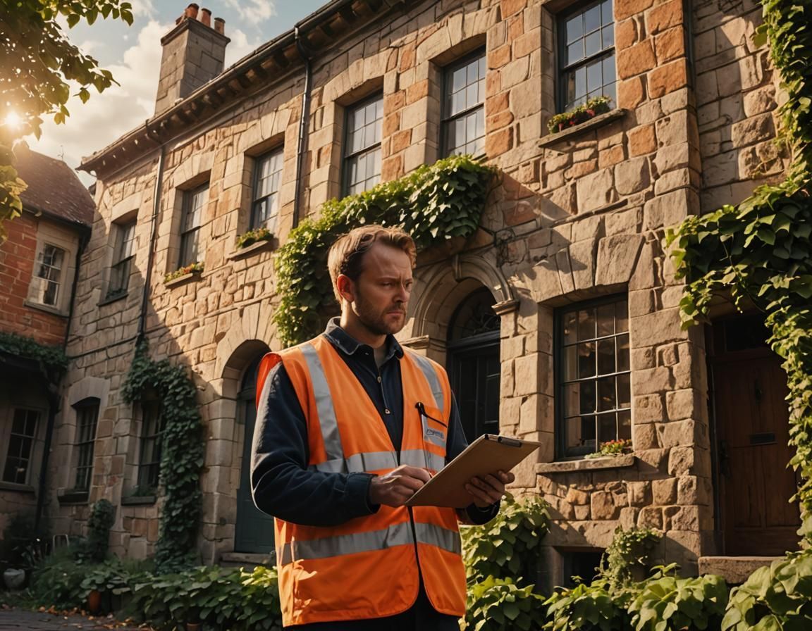 A man in an orange vest is standing in front of a brick building holding a clipboard.