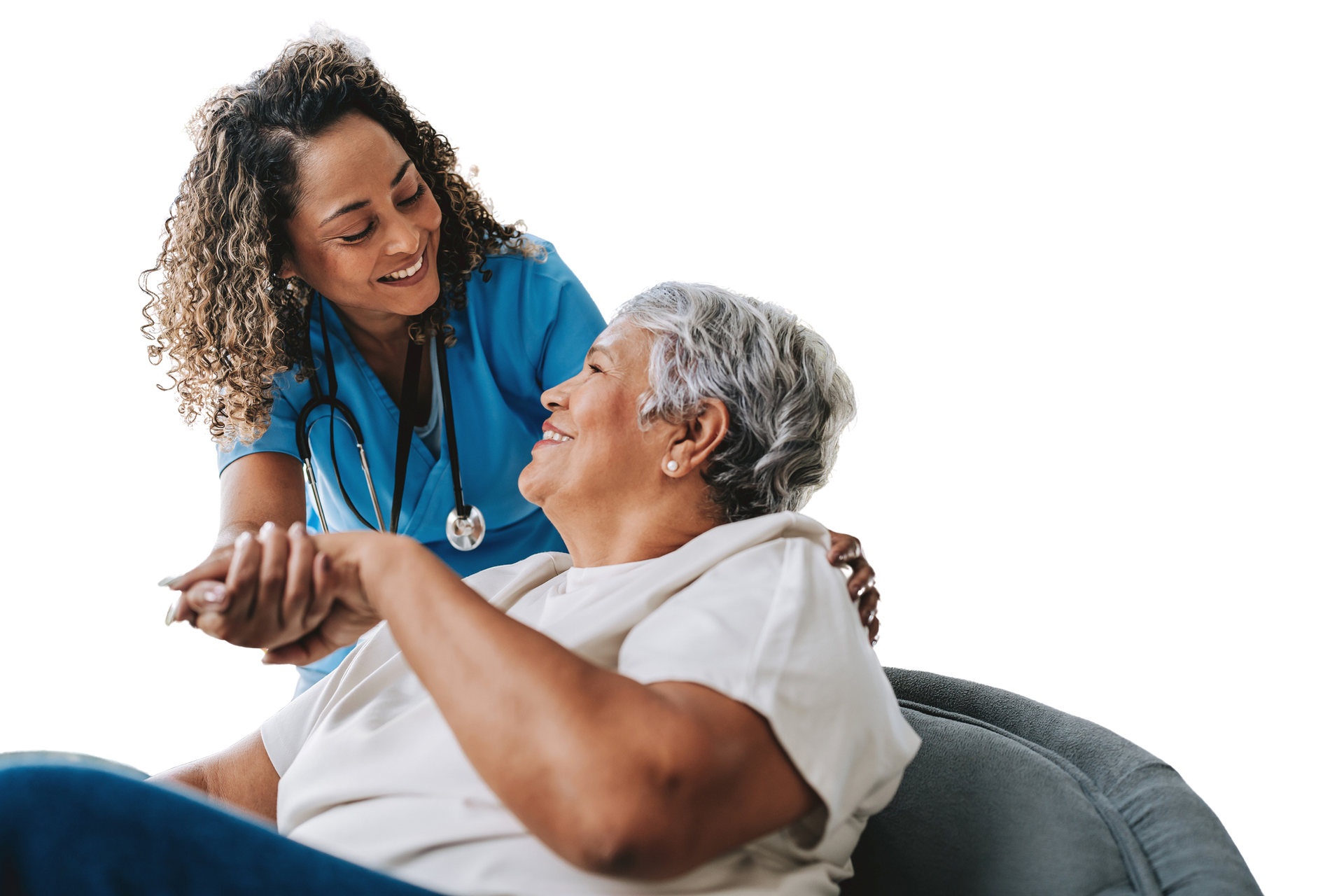 Nurse assisting an elderly woman. They smile while holding hands. Nurse assisting an elderly woman. They smile while holding hands.