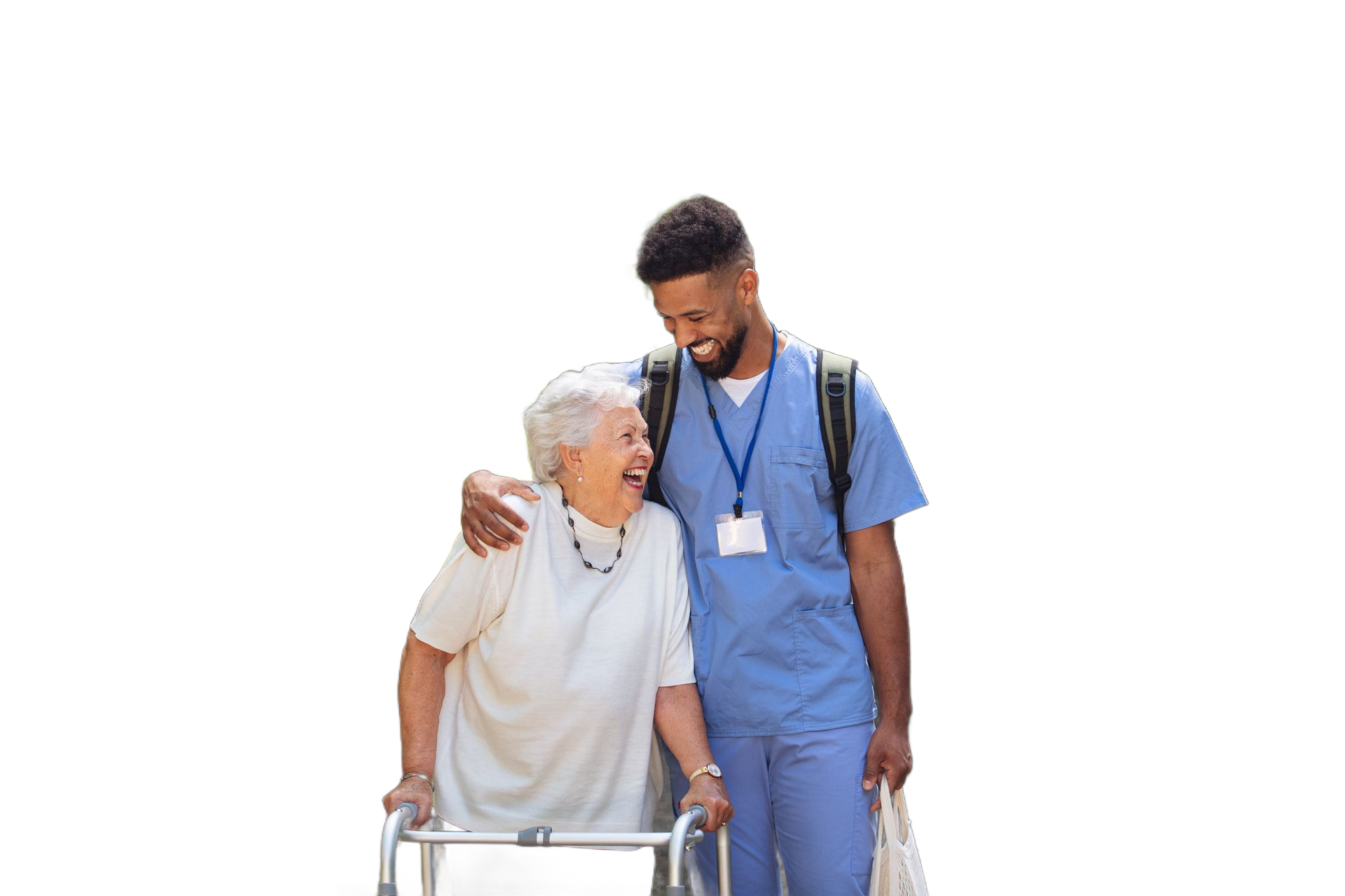 Smiling caregiver helps elderly woman walk with a walker. Smiling caregiver helps elderly woman walk with a walker.