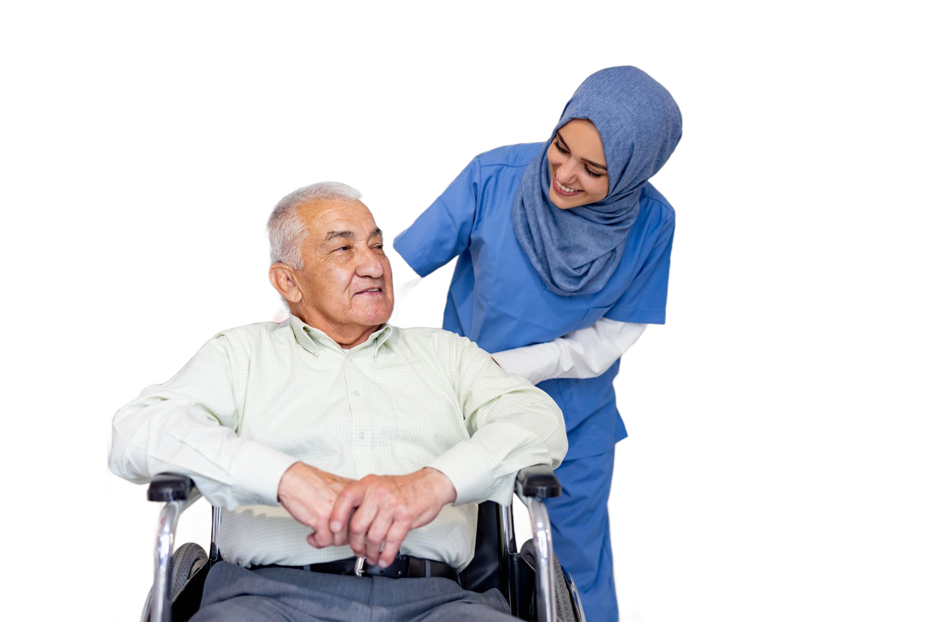 Nurse assisting elderly woman walking, smiling. Indoor setting. Nurse assisting elderly woman walking, smiling. Indoor setting.
