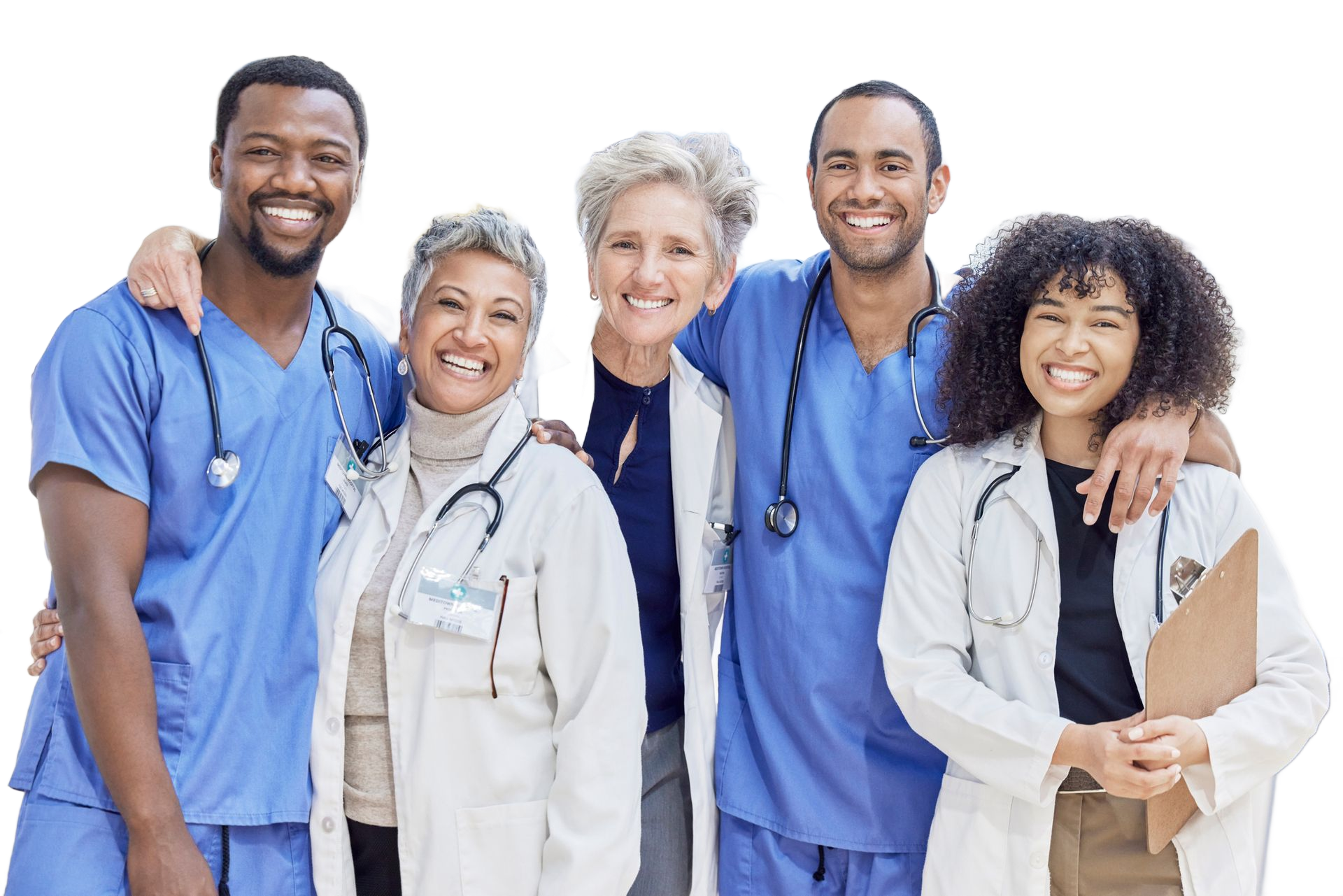 Group of smiling diverse healthcare professionals in scrubs and coats, posing together. Group of smiling diverse healthcare professionals in scrubs and coats, posing together.