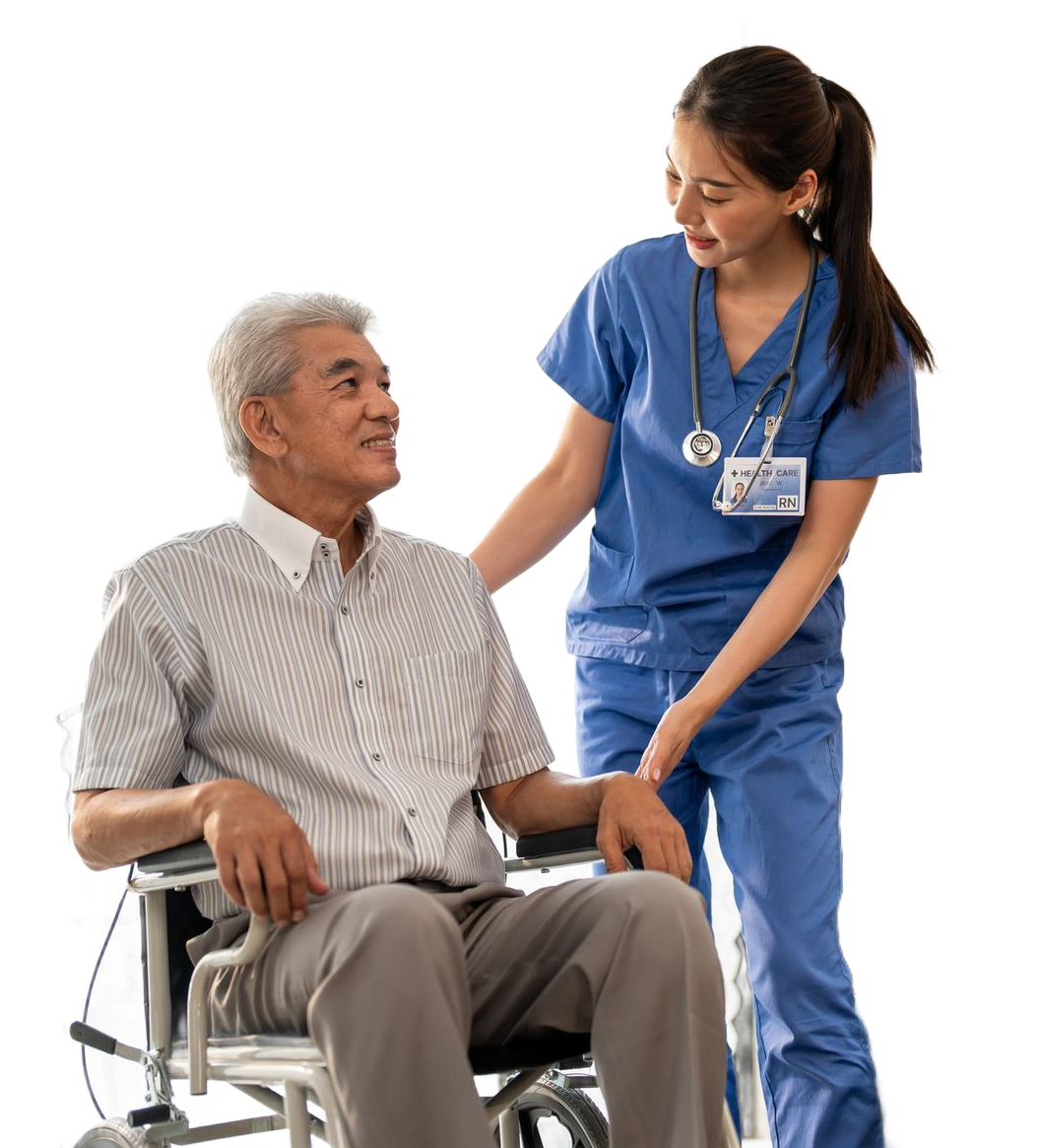Nurse in blue scrubs assists an elderly man in a wheelchair, smiling at him indoors. Nurse in blue scrubs assists an elderly man in a wheelchair, smiling at him indoors.