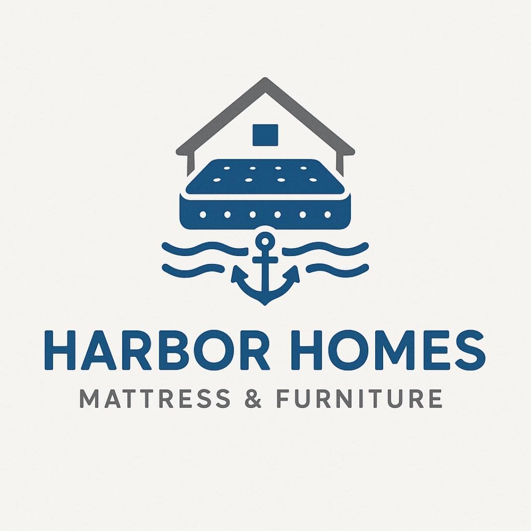 Logo for Harbor Homes mattress and furniture, features a house over a mattress with an anchor on waves.