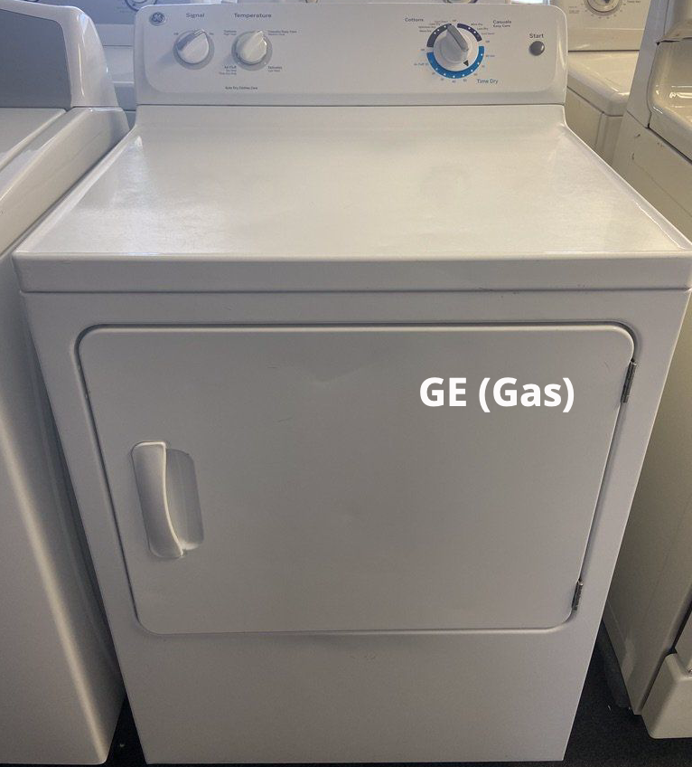 A white dryer with the words ge ( gas ) on it