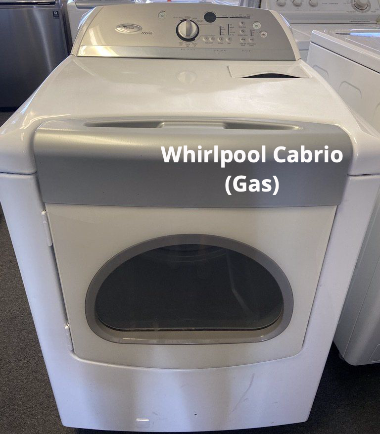 A white whirlpool cabrio gas dryer is sitting on the floor