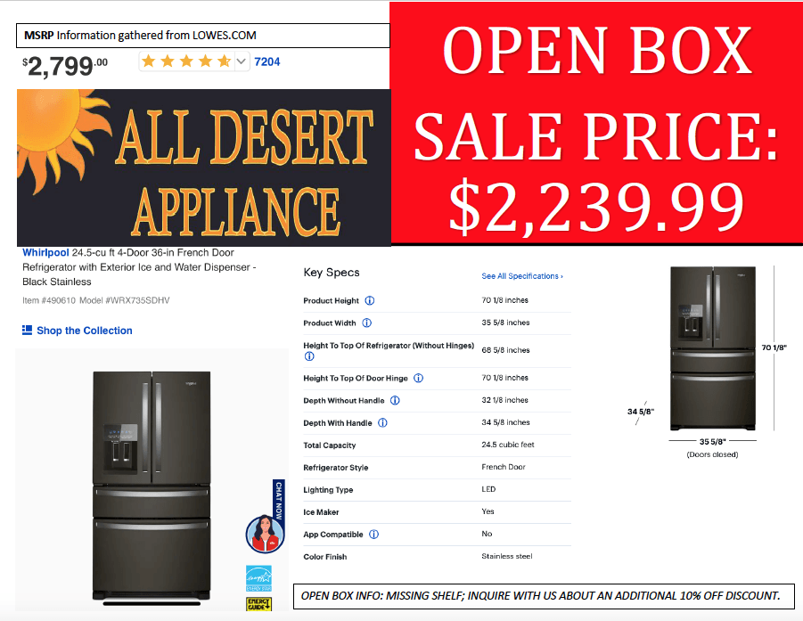 An open box sale price of 2,239.99 for an all desert appliance