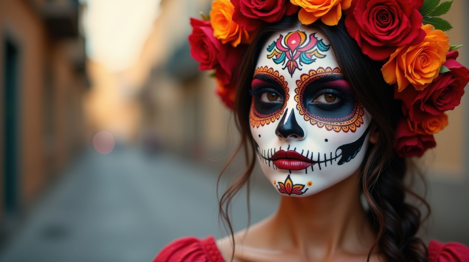 Woman with sugar skull makeup and rose crown in street.