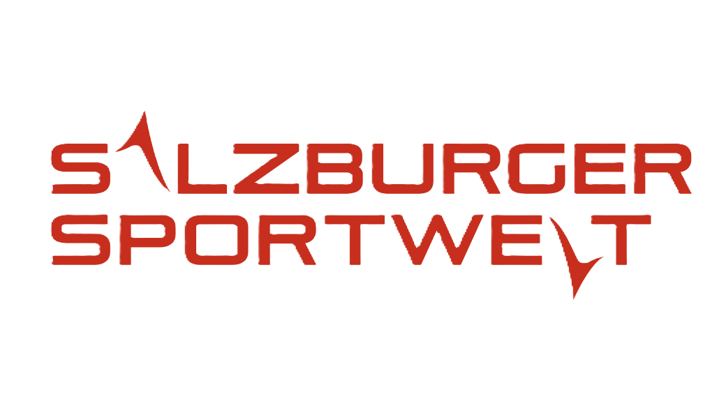 A red logo for salzburger sportwelt on a white background.