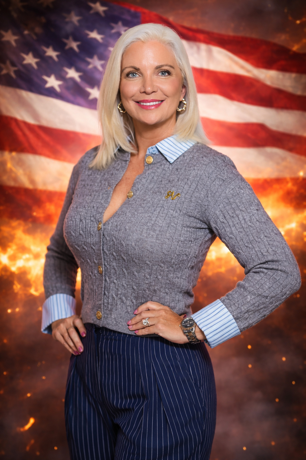 Kate Monroe in sweater and striped pants poses in front of American flag, hand on hip, smiling.