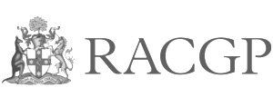 The logo for racgp is black and white and has a coat of arms on it.