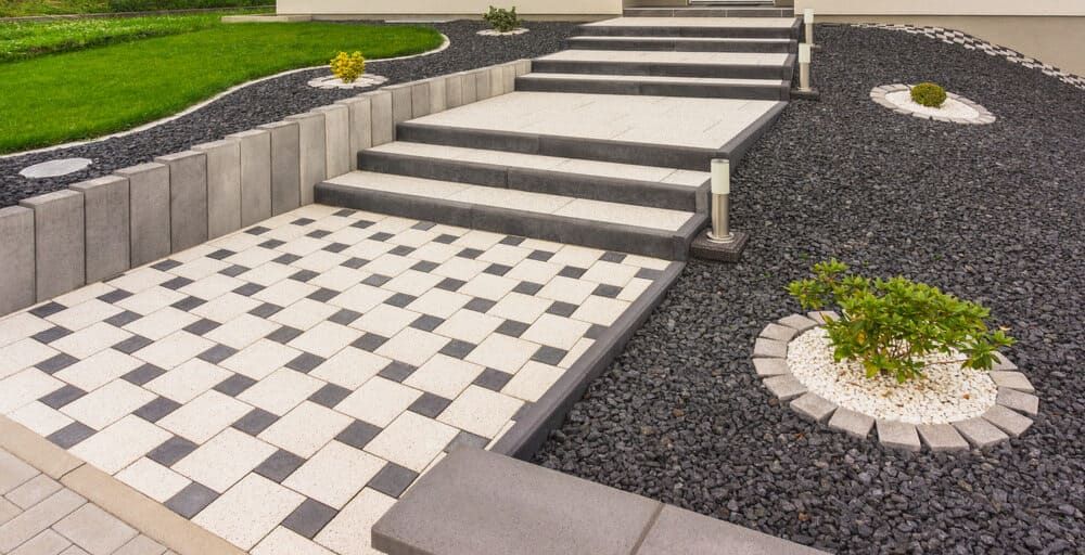 Stylish Modern Garden With a Checkered Pathway — Brett Continuous Concrete Kerbing & Edging In Wauchope, NSW