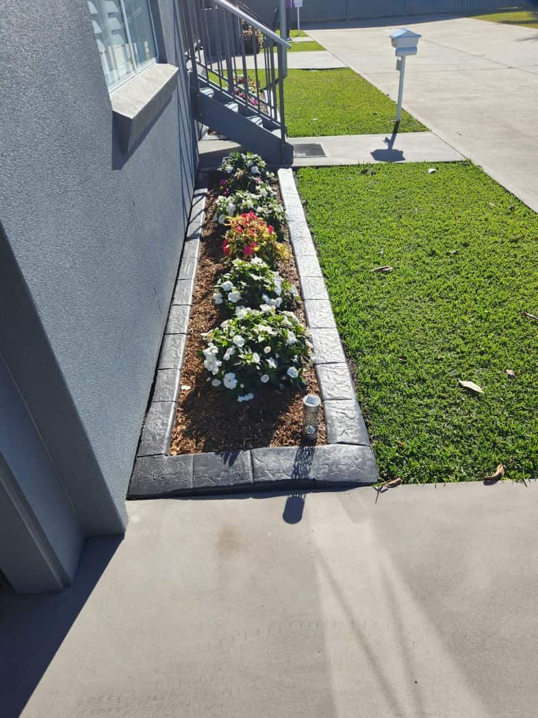A Flower Bed With White and Red Flowers — Brett Continuous Concrete Kerbing & Edging In Lakewood, NSW