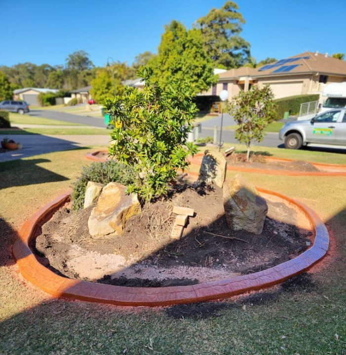 Circular Garden Bed With a Small Bush and Large Rocks — Brett Continuous Concrete Kerbing & Edging In Laurieton, NSW