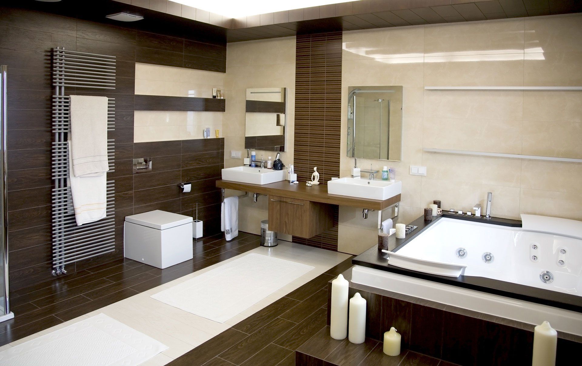 Luxurious modern white bathroom with dark wood floors