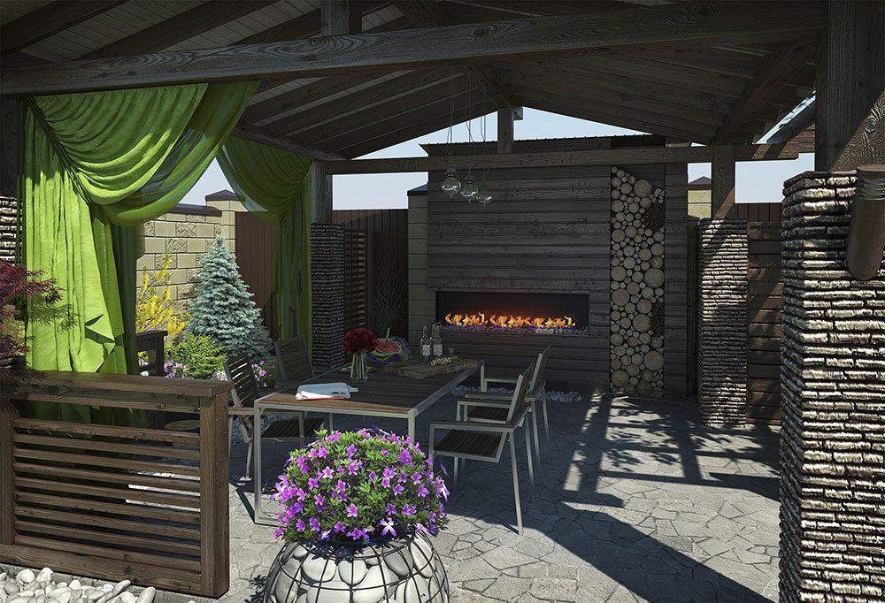 Gazebo inviting interior with fireplace