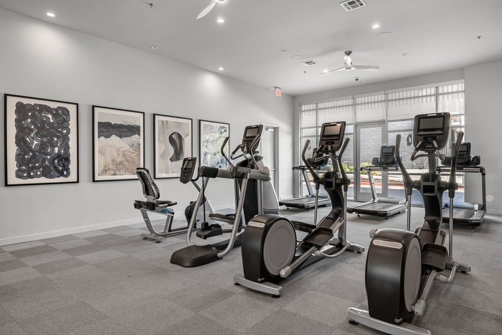 A modern, well-lit fitness center with gray carpeted floor, featuring various exercise machines including stationary bikes, elliptical trainers, and treadmills. The room has white walls adorned with large framed abstract artworks and is equipped with recessed ceiling lights. Large windows with blinds provide natural light and a view to the exterior at 44 South in Austin, TX.